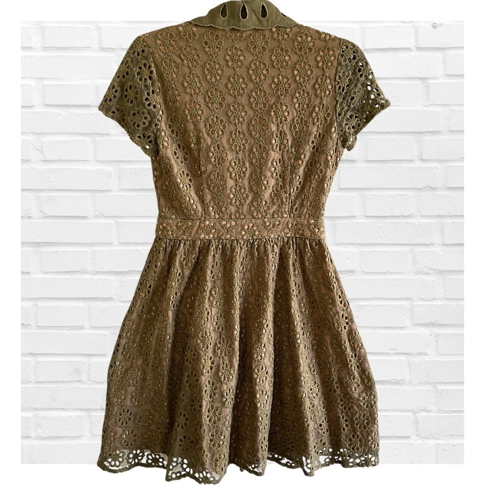 Anthropologie Ark and Co Olive Green Peplum Ruffled Lace Overlay Dress Medium - Picture 2 of 10